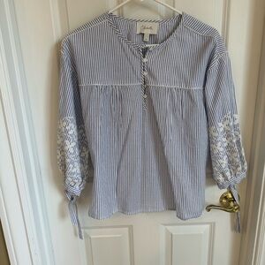 Cleobella Blue and White Embroidered Blouse with 3/4 Sleeves